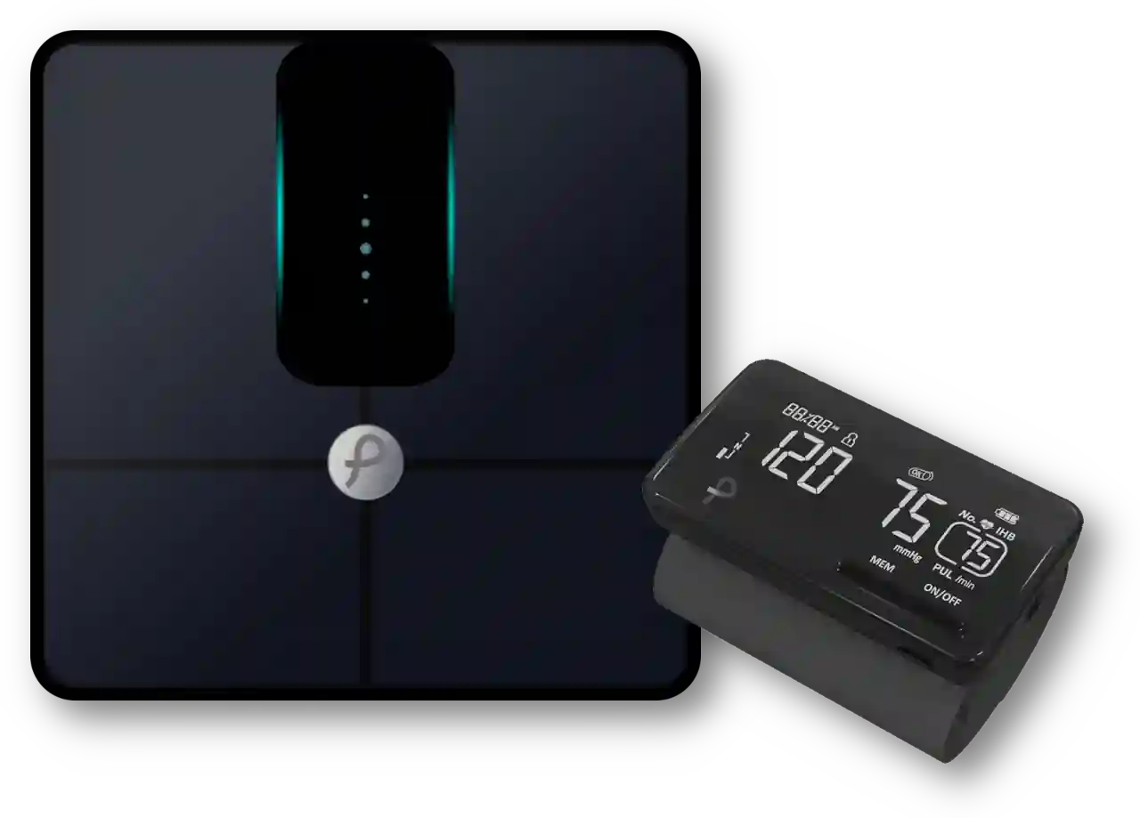 HealthMesh-branded blood pressure cuff and digital scale with packaging